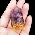 Handheld Orgonite energy tower with purple amethyst crystals and gold leaf detail - Amethyst