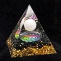 Handmade Orgone pyramid with black obsidian gold foil and Om symbol ornament - Rose Quartz and Obsidian Style (A5) / 5cm