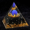 5cm Orgone pyramid with blue stone sphere, gold lotus element and obsidian chips - 5cm Single Item / C1 (Lapis Lazuli + Lotus + Obsidian)