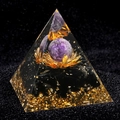 Healing Orgone pyramid with purple amethyst ball, lotus base and obsidian stones - 5cm Single Item / C2 (Amethyst + Lotus + Obsidian)