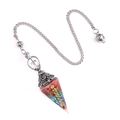 Silver heptagonal resin crystal pendulum featuring colorful seven chakra crushed stones - Silver Patterned Cap Style (5905833683272) / Multicolor Antique Silver