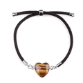 Verstellbares braunes geflochtenes Armband mit einem herzförmigen Tigerauge-Steinanhänger - Tigerauge (Silber)
