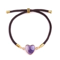 Pulsera ajustable de corazón amatista con cordón trenzado marrón y metal dorado - Amatista (Oro)