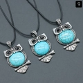 Vintage silver owl pendant necklace featuring round turquoise stone and black woven cord - Synthetic Blue Turquoise