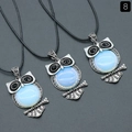 Silver owl necklace with blue cat eye stone and black braided cord, style 8 - Synthetic Opal