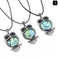 Vintage owl necklace with antique silver finish and iridescent abalone shell inlay - Abalone Shell