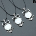 Antique silver owl pendant necklace with white gemstone and black eyes on cord - White Shell
