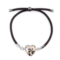Verstellbares schwarzes Kordelarmband mit einem Dalmatiner-Jaspis-Herz in Silberrahmen - Dalmatinerstein (Silber)