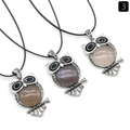 Three owl pendant necklaces featuring varied semi-precious gemstones and silver alloy - Grey Agate