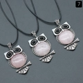 Pink gemstone owl pendant necklaces with antique silver frames on black cords - Rose Quartz