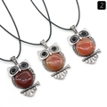 Three vintage silver owl pendants with red gemstone belly on black braided cord - Red Agate