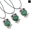 Vintage silver owl necklace featuring a round green gemstone inlay on a black cord - Green Aventurine