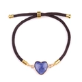 Pulsera de corazón ajustable con colgante de piedra azul y cordón trenzado café - Lan Dongling (oro)