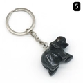 Carved black natural obsidian elephant keychain with polished silver metal ring - Obsidian