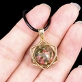 Hexagram necklace pendant with green and pink natural stone in gold geometric frame - Unakite (Gold)