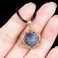 Hexagram necklace with blue marble pendant in golden geometric frame on black cord - Blue Spot Jasper (Gold)