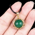 Green agate stone pendant necklace in golden hexagram frame with black cord - Green Agate (Gold)