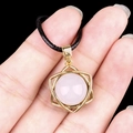 Pink quartz stone pendant in golden hexagram metal frame with black rope cord necklace - Clear Quartz (Gold)