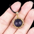 Blue sandstone hexagram pendant with gold metal frame and black braided necklace cord - Blue Goldstone (Synthetic) (Gold)