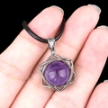 Silver hexagram pendant with purple round gemstone on black woven necklace cord - Amethyst (Silver)
