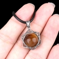 Tiger eye stone pendant with silver hexagram frame on a black woven rope necklace - Tiger Eye (Silver)