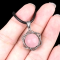 Pink crystal ball pendant necklace with silver hexagram star wrap and black cord - Rose Quartz (Silver)