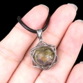 Hexagram star pendant with green moss agate gemstone on a black braided cord - Unakite (Silver)