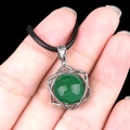 Minimalist silver hexagram pendant with round green agate stone on black cord - Green Agate (Silver)