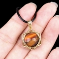 Tiger eye stone hexagram pendant with golden metal frame on black cord necklace - Tiger Eye (Gold)