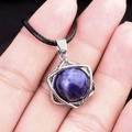 Hexagram silver cage pendant with purple natural stone and black woven cord - Sodalite (Silver)