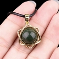 Golden hexagram pendant necklace with deep green gemstone and black woven rope strap - Indian Agate (Gold)