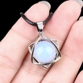 Geometric hexagram necklace pendant with light blue synthetic opal bead and black cord - Opal (Silver)