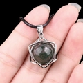 Green moss agate stone pendant in a silver hexagram star frame on black cord - Indian Agate (Silver)