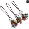 Handmade clear crystal raw stone pendant with colorful tumbled gems in brown woven net - White Crystal