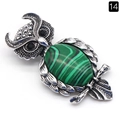 Broche chouette argentée avec pierre effet malachite verte et yeux en gemmes noires - Malachite (Synthétique)