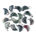 Natural crescent moon crystal stone pendants with moss agate textures and silver clasps - African Blood Stone