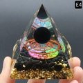 Piramide orgonica con sfera di cristallo nero, spirale in rame e foglia d'oro - Stile Ossidiana (E4)