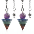 Seven Chakra natural stone pendulum necklace with silver chain and layered crystal design - Seven-Color Spliced Cone Pendulum (1436-1)