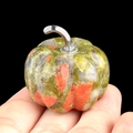 Green and orange natural stone pumpkin carving with silver stem held in hand - Unakite (1445) / 30mm
