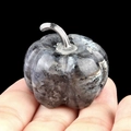 Miniature natural labradorite stone pumpkin carving with silver metal stem for decor - Larvikite (1445) / 30mm
