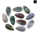 Polished teardrop moss agate gemstones for jewelry making in organic green and red tones - India Agate