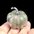 Miniature pumpkin ornament in gray-green natural crystal with a silver metal stem - Lucky Jade (1445) / 30mm