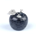 Deep blue natural crystal stone apple ornament with silver rhinestone leaf stem detail - Larvikite