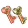 Natural Unakite stone heart-shaped key carvings with green and pink crystal patterns - Unakite