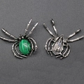 Vintage silver spider brooch pendant with malachite stone inlay and secure pin closure - Synthetic Malachite