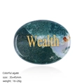 Oval green agate palm stone engraved with Wealth in gold lettering and polished finish - Oval (45mm) / Wealth (India Agate)