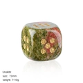 Polished Unakite crystal dice 15mm with gold engraved numbers and natural green pink texture - Unakite