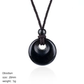 Handcrafted 20mm natural black obsidian pendant necklace with woven cord and circular charm - Obsidian Donut Necklace