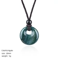 Natural green moss agate circular pendant necklace 20mm doughnut charm with cord strap - Indian Agate Donut Necklace