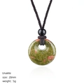 Natural 20mm Unakite stone donut pendant with green and pink texture on woven cord - Unakite Donut Necklace